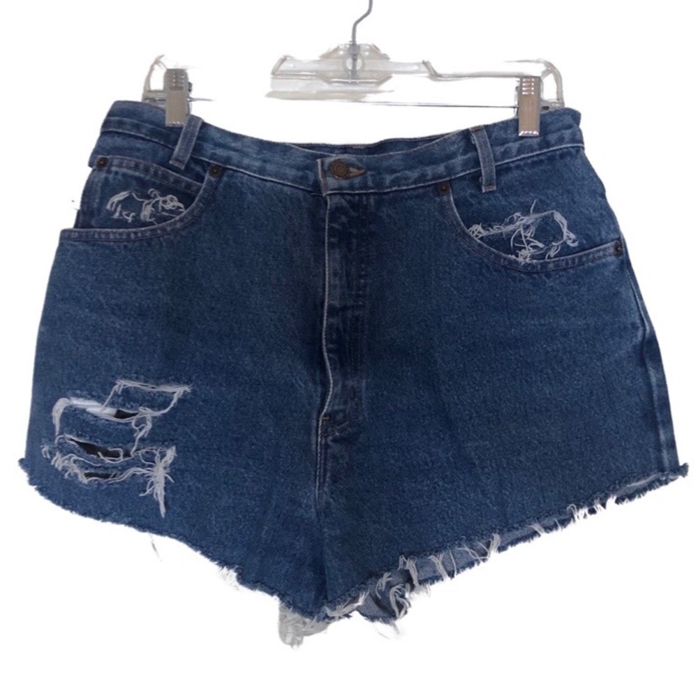 Vintage Pendleton Cut Off Denim Shorts Distressed with Leather Patch
